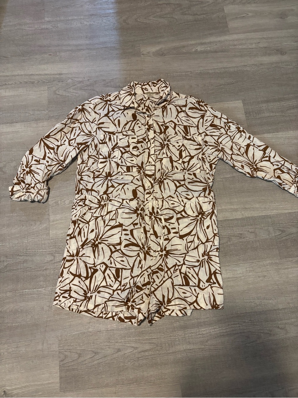 Magaschoni Linen Romper Small White Brown Floral Vacation Party Wedding Summer